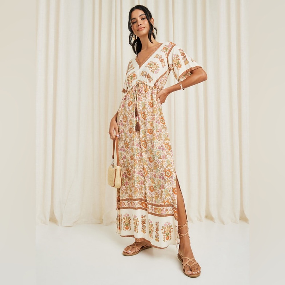 NWOT Women's Drawstring Printed‎ Plunge Half Sleeve Floral Boho Dress Small Maxi